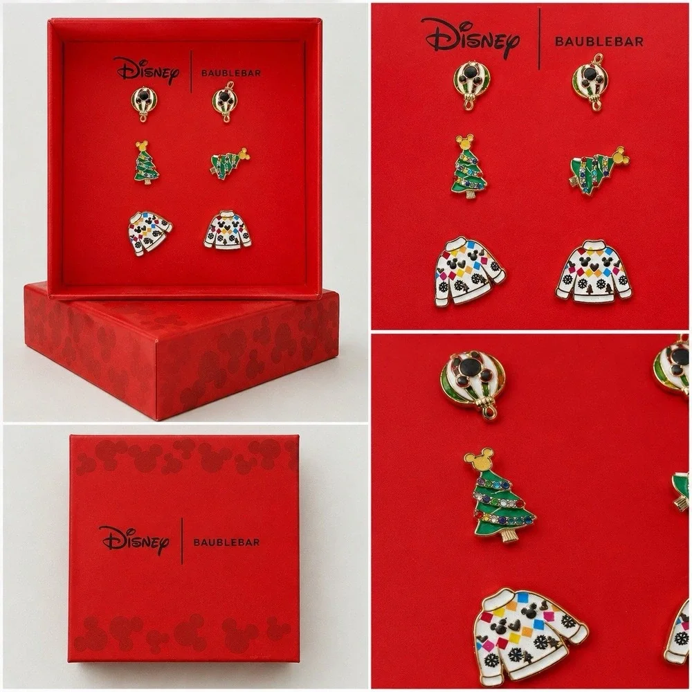 Disney x Baublebar Mickey Holiday Earring Set Christmas Shimmery Studs NIB